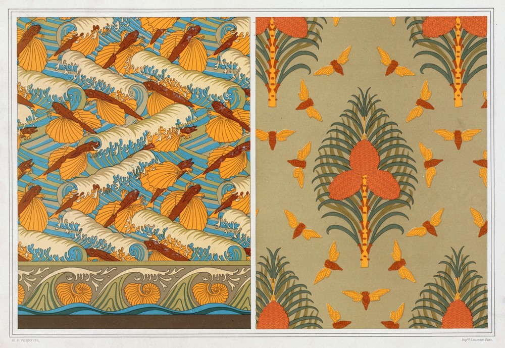 Poissons volants et vagues, papier peint. Cigales et pin, papier peint. Coquilles de nautiles, bordure.