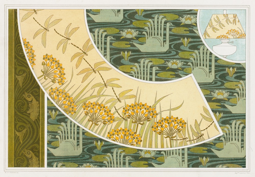 Poissons. Frise au pochoir. Libellules et butome, abat-jour. Cygnes et nénuphars, velours imprimé.