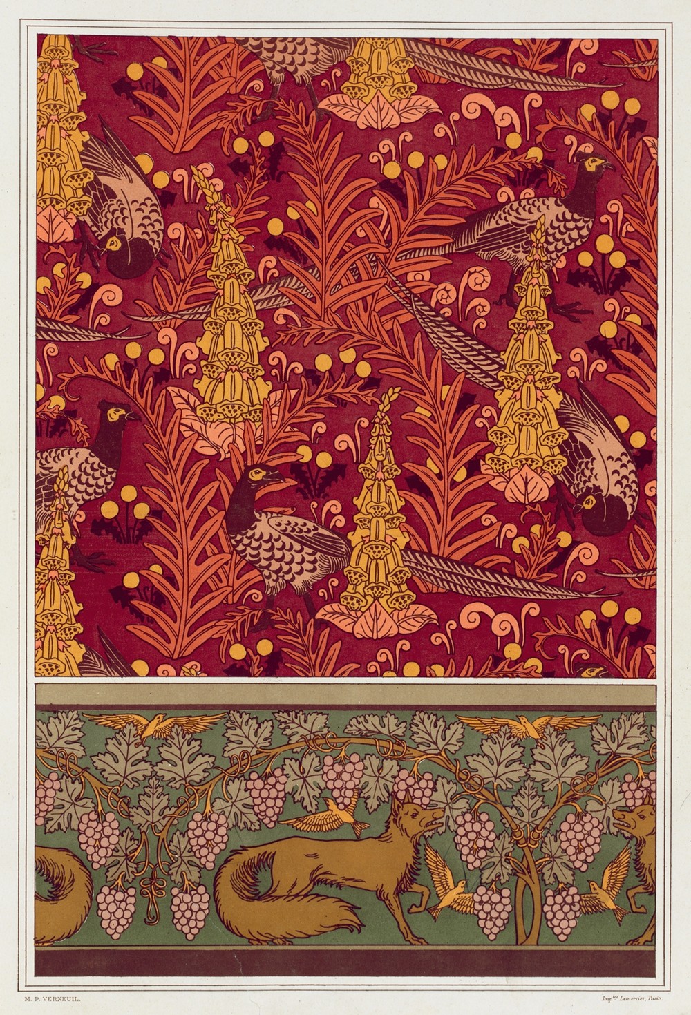Faisans ordinaires, digitales, fougères et pissenlit, étoffe imprimée. Renard, oiseaux et vigne, bordure.