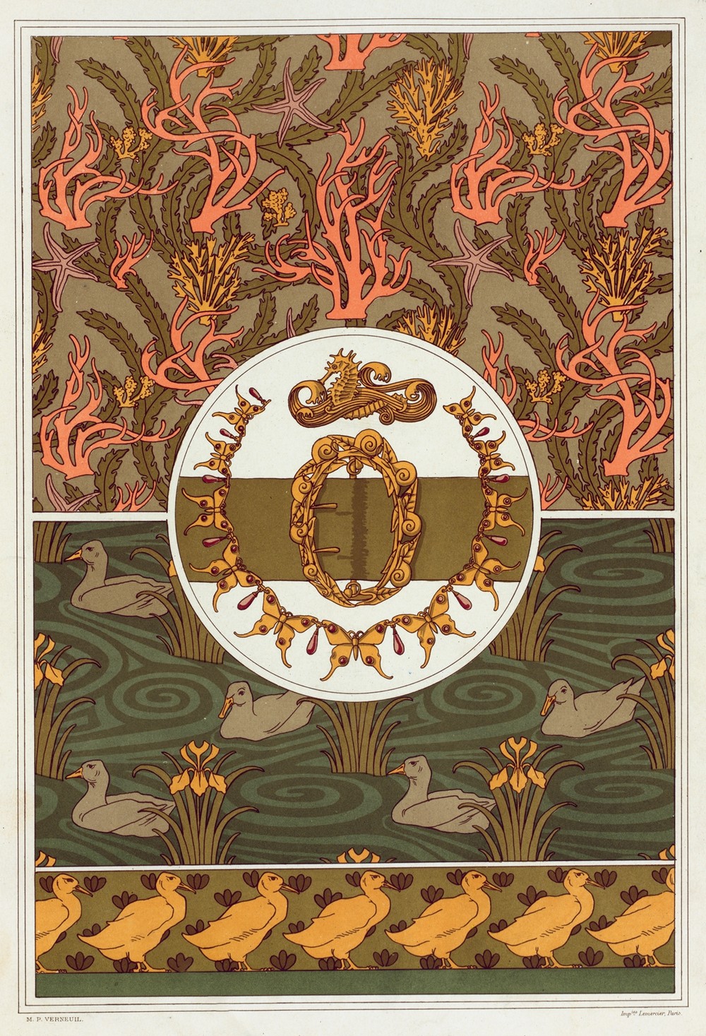 Coraux, madrepores, étoiles de mer et algues, cretonne imprimée.