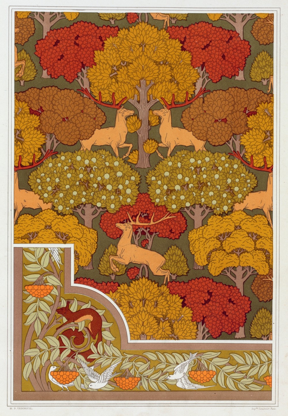 Cerfs et arbres, papier peint. Écureuil oiseaux et sorbier, bordure.