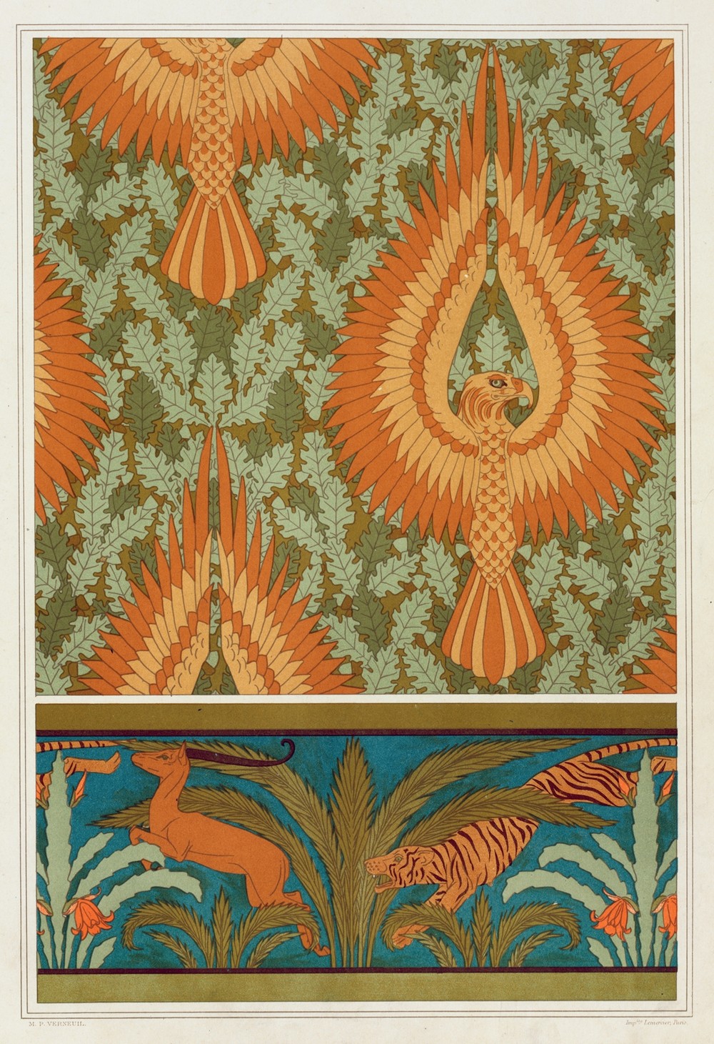 Aigles et chêne, papier peint. Antilopes, tigres, cactus et palmiers, bordure.