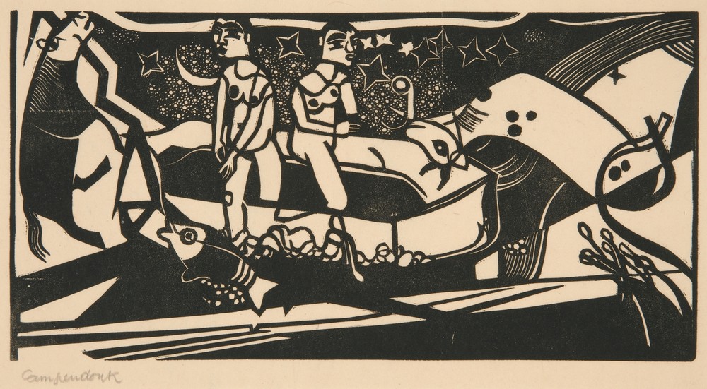 Two Nudes in Boat Under Starry Sky