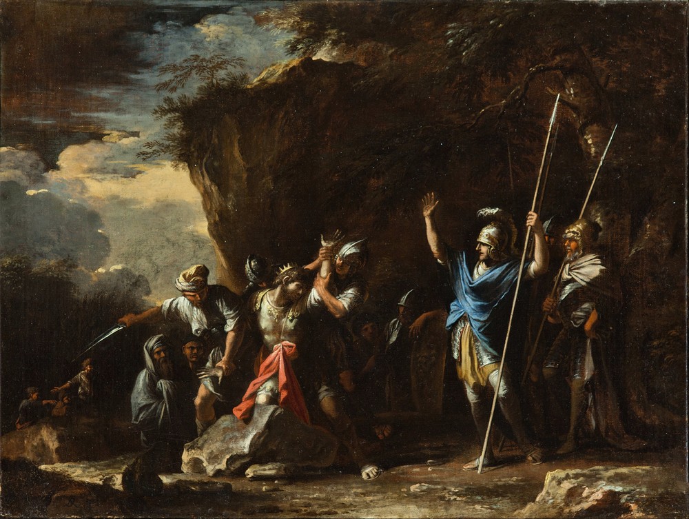 Scene from Greek history; The deaf-mute son of King Croesus prevents the Persians from killing his father (circa 1663)