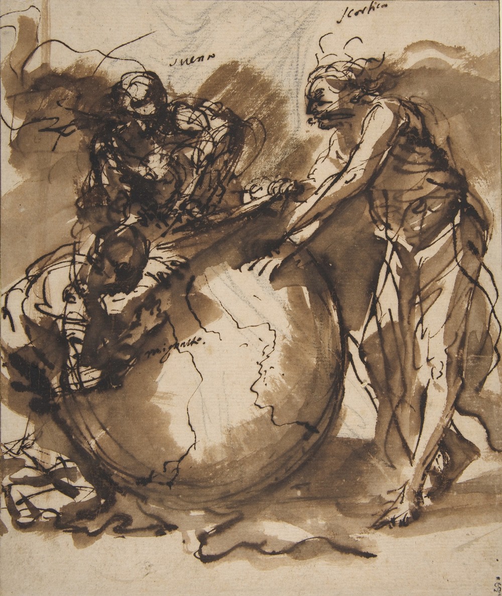 Three Figures around a globe (1615–73)