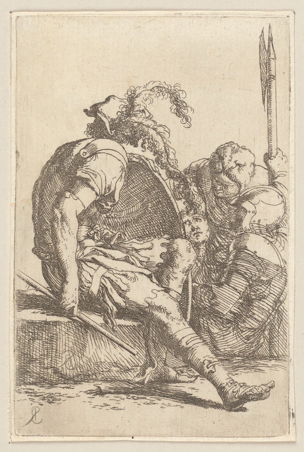 Four Soldiers, One seated on a Stone at the Left