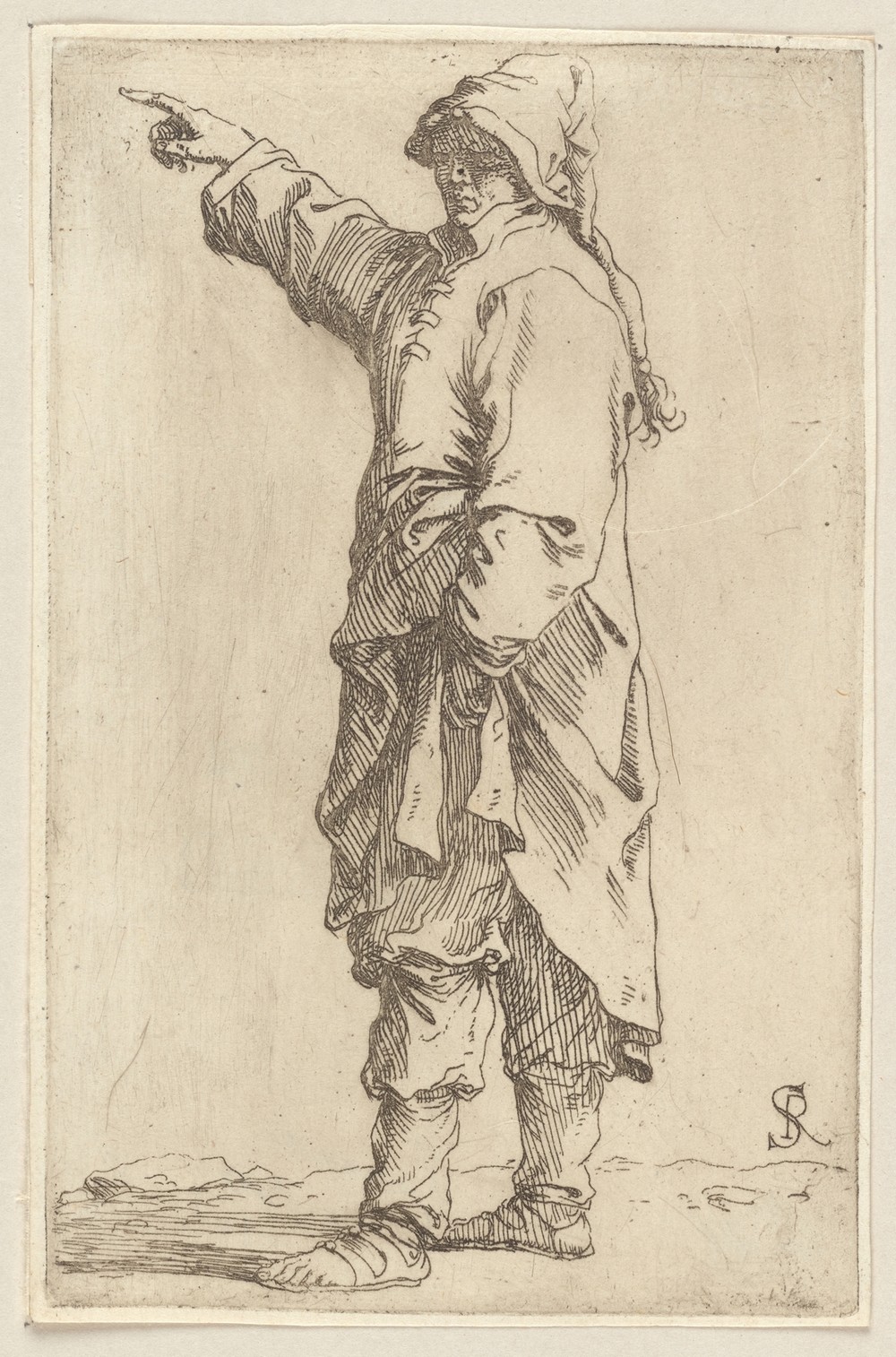 Man Standing, with Arm Raised, Pointing Toward the Left
