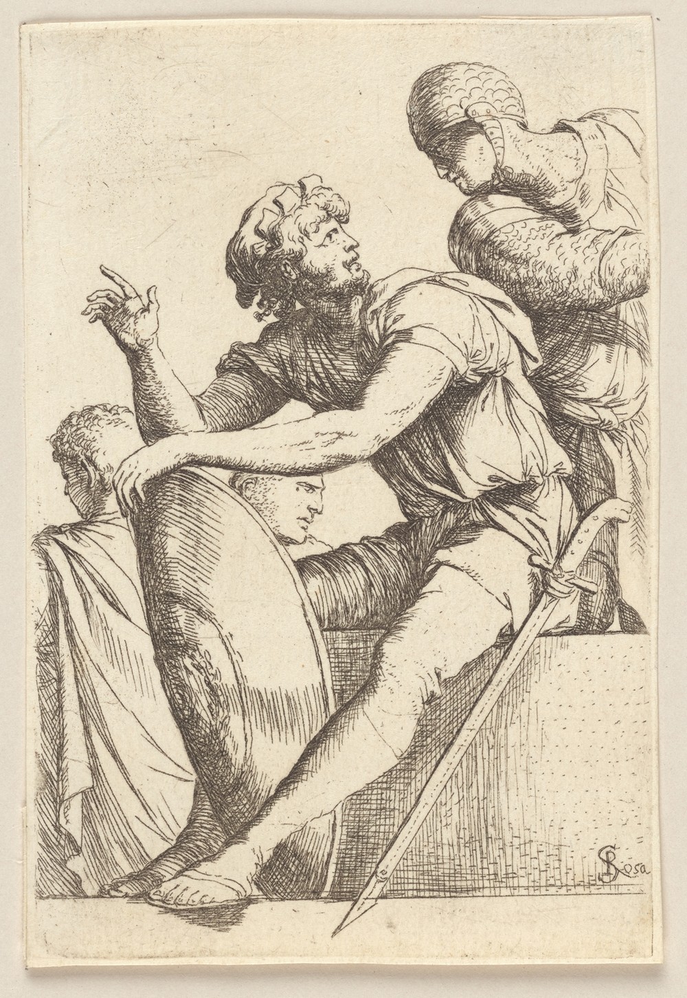 Seated Soldier with Shield and Two Other Figures