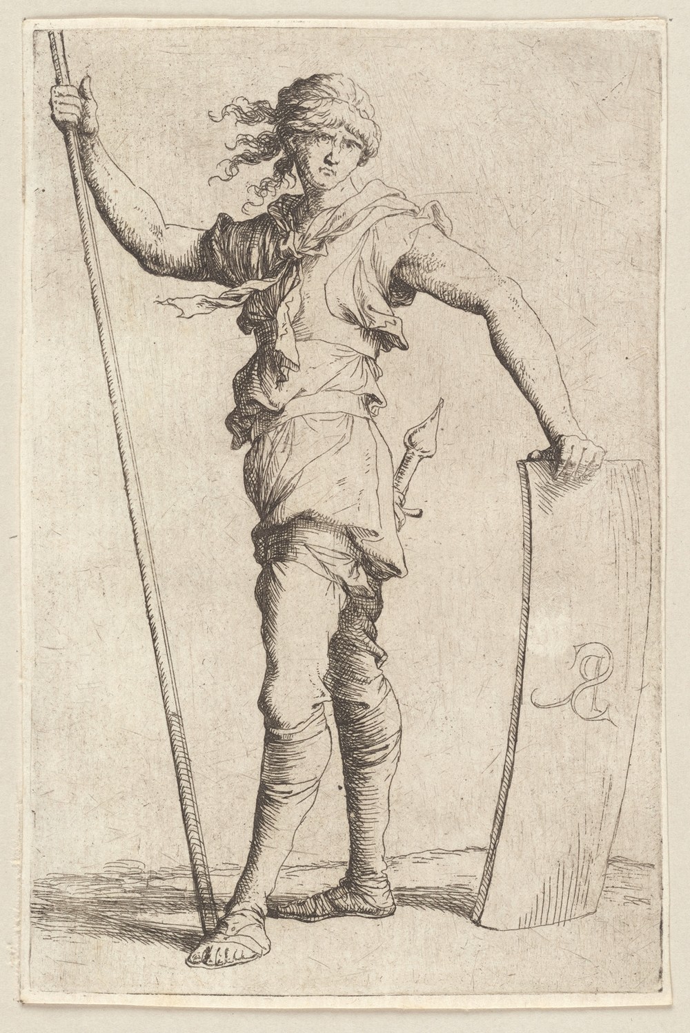 Soldier Holding a Cane and His Shield, Facing Left