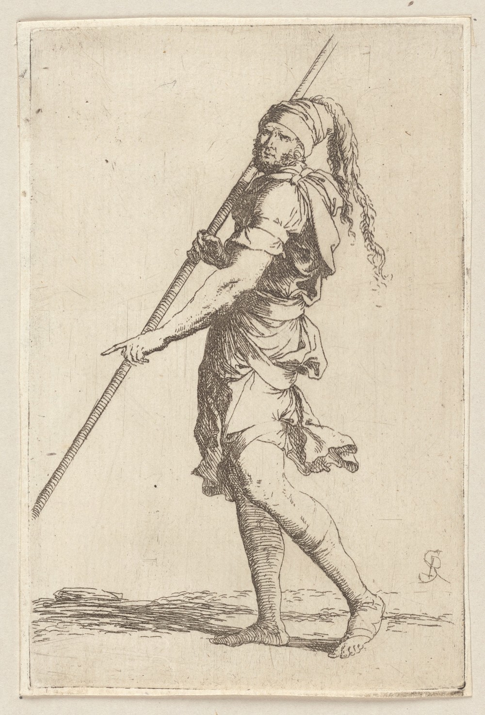 Soldier Holding a Cane with Both Hands, Walking Toward the Left