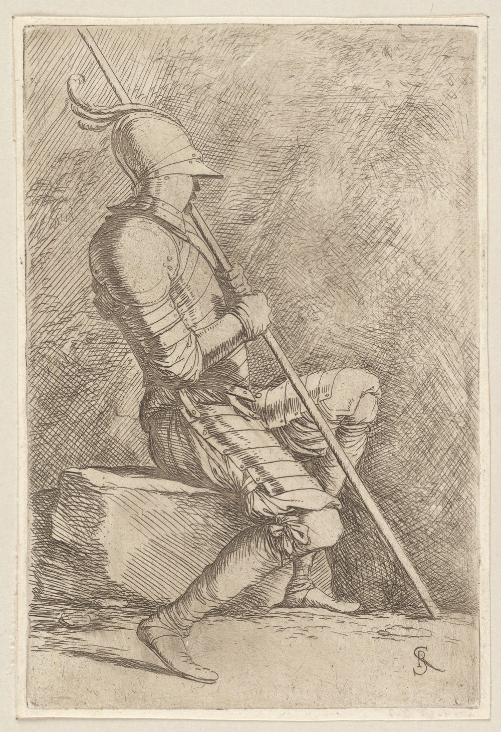 Soldier, Seated, in a Helmet, Holding a Cane