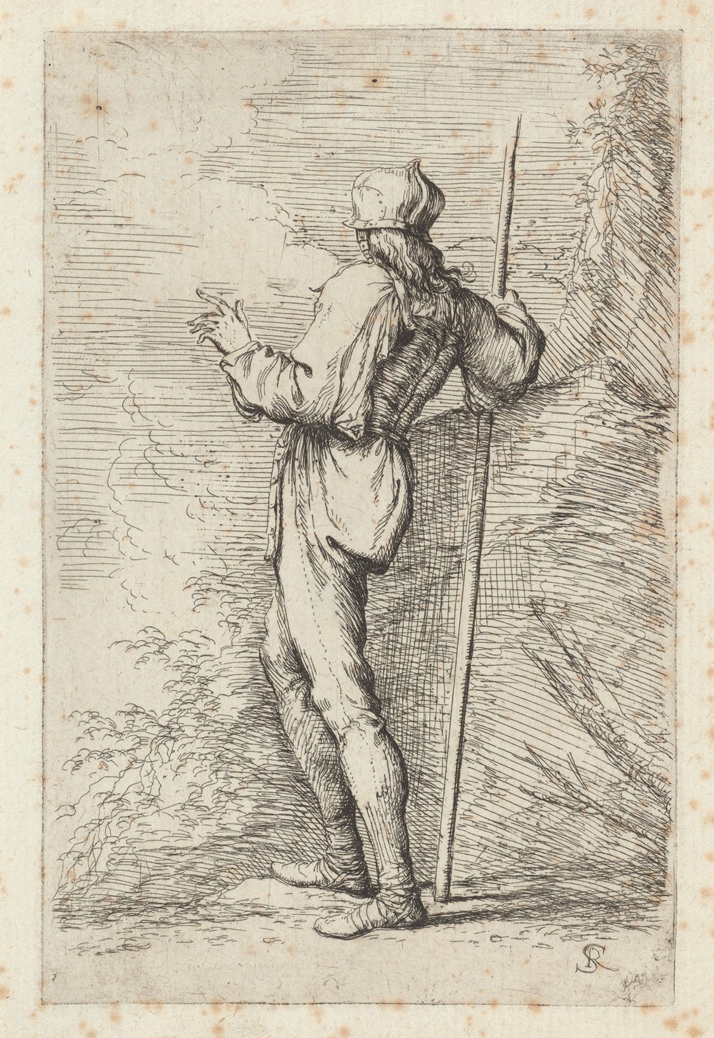 Soldier, Standing, Holding a Long Cane before a Rocky Wall