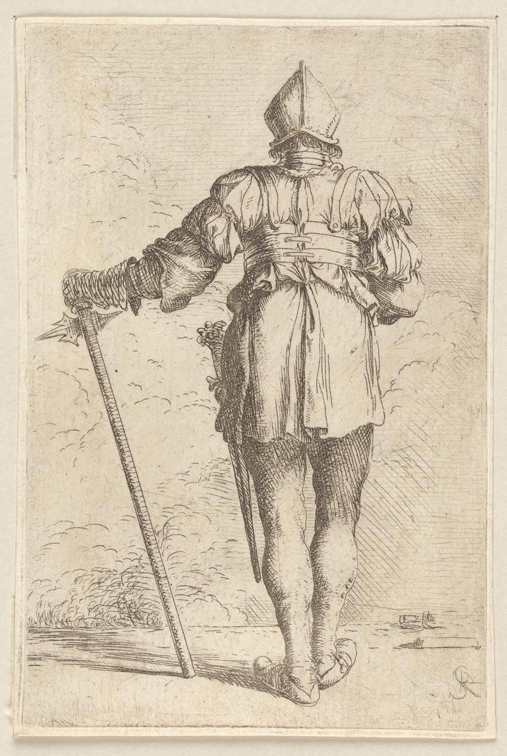 Soldier, Standing, Seen From Behind, in a Helmet, Holding a Cane