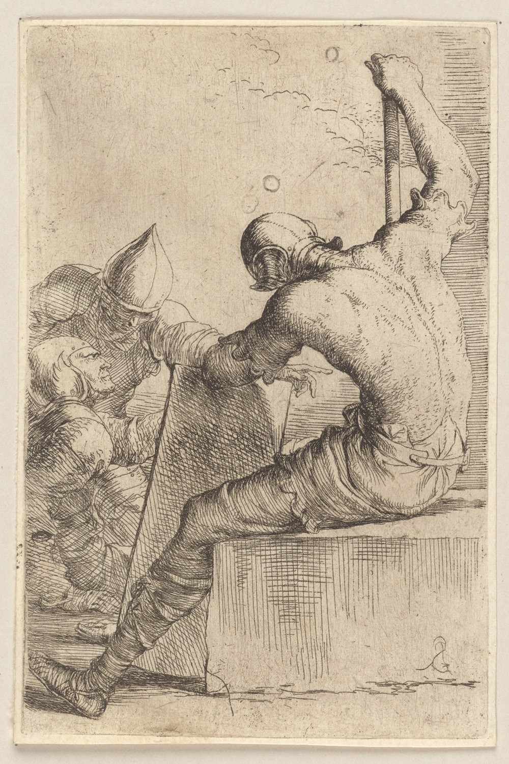 Three Soldiers, One Seated and Supporting Himself with a Cane and Shield