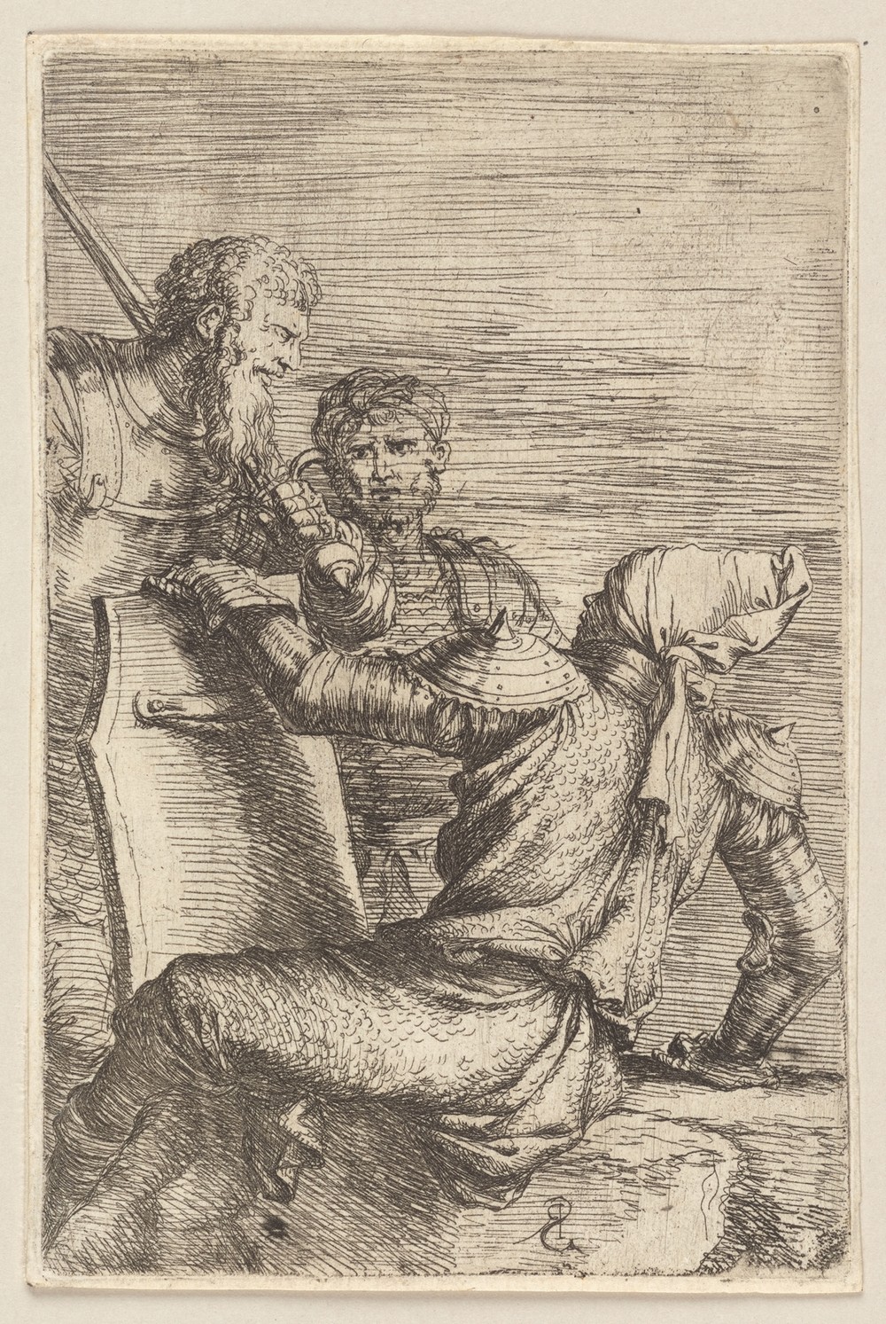 Two Soldiers Facing a Third Who Holds a Shield