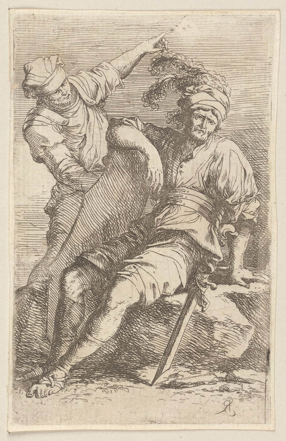 Two Soldiers, One seated with Sword and Shield