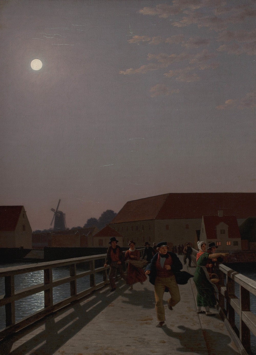 Langebro, Copenhagen, in the Moonlight with Running Figures