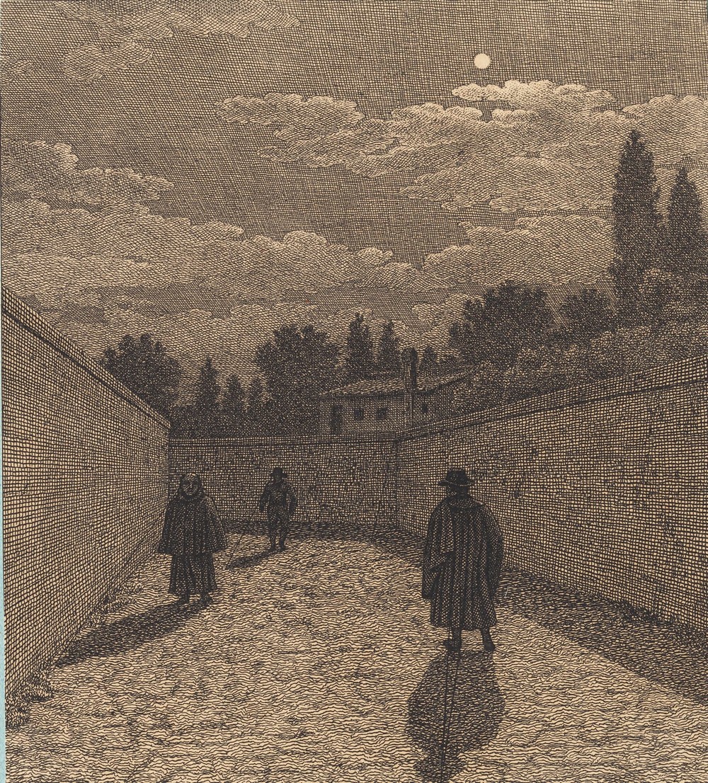 Måneskin over en vej med tre figurer. Illustration til ‘Linearperspectiven’, Tavle IV