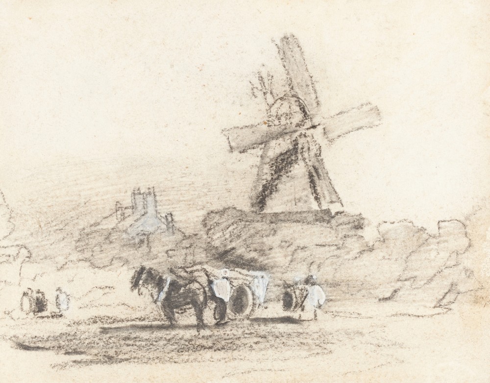 A Cart with Two Horses near a Windmill