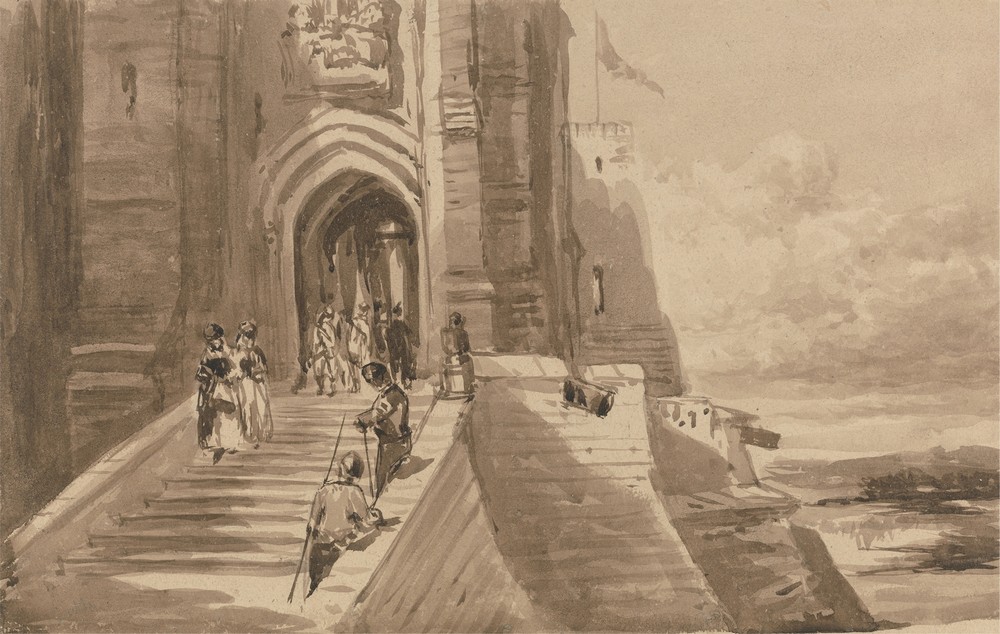 Figures on the Outer Staircase of a Castle (ca. 1840)