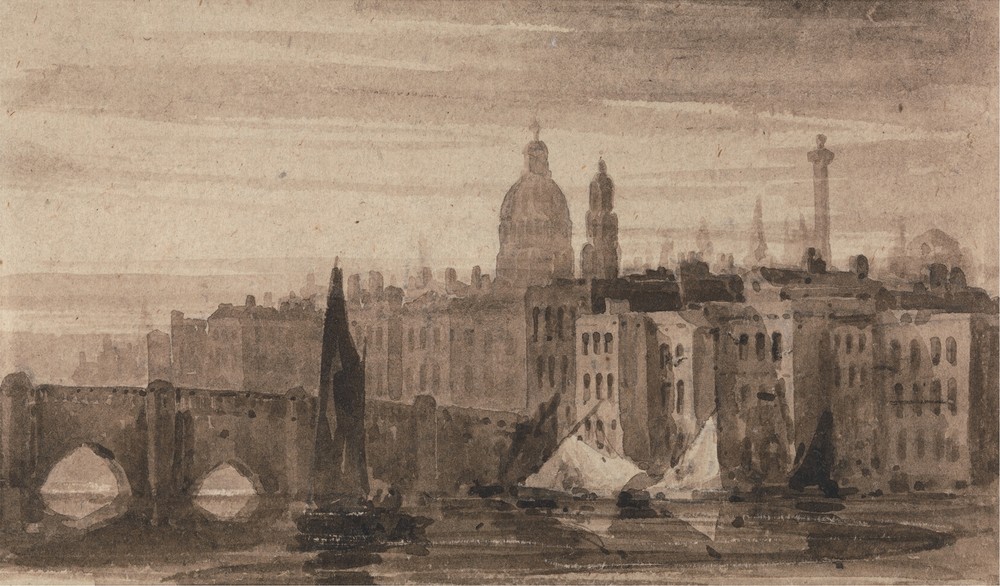 Old London Bridge and St. Paul’s Cathedral From the Thames (ca. 1808)