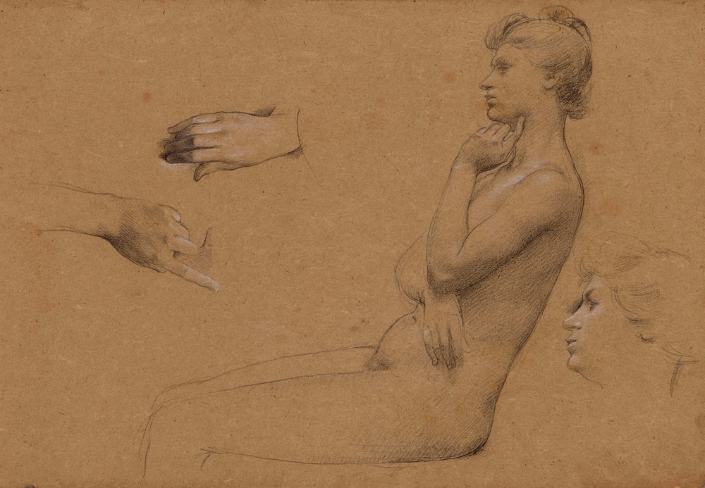 Nu de femme assise, et étude de mains et de visage