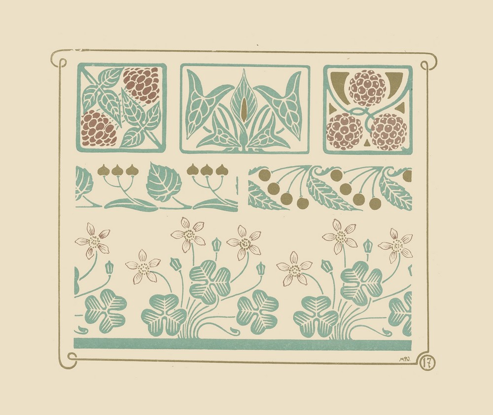 Abstract design based on leaf, clover, berry shapes.