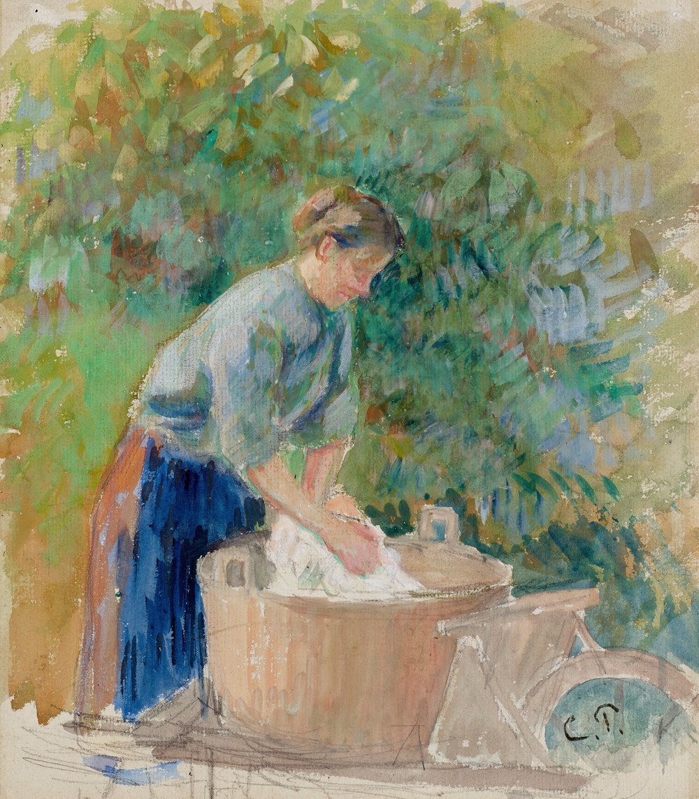 Femme lavant du linge dans un baquet (circa 1889)