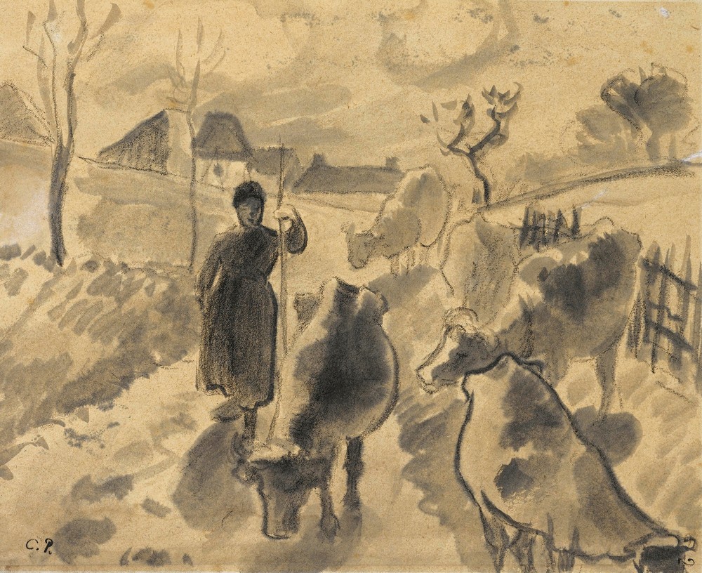 Girl leading a herd of cows along a road (circa 1883)