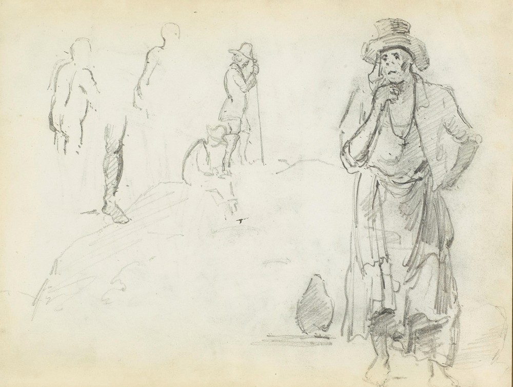 Man with his hand to his chin, with sketches of men in profile and a leg