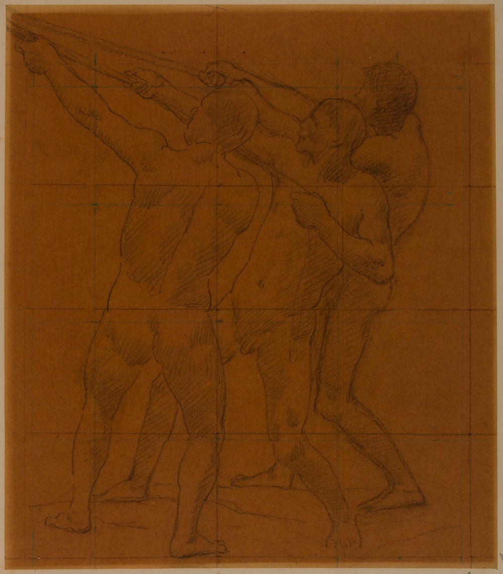 Trois hommes nus debout, tirant sur des cordes