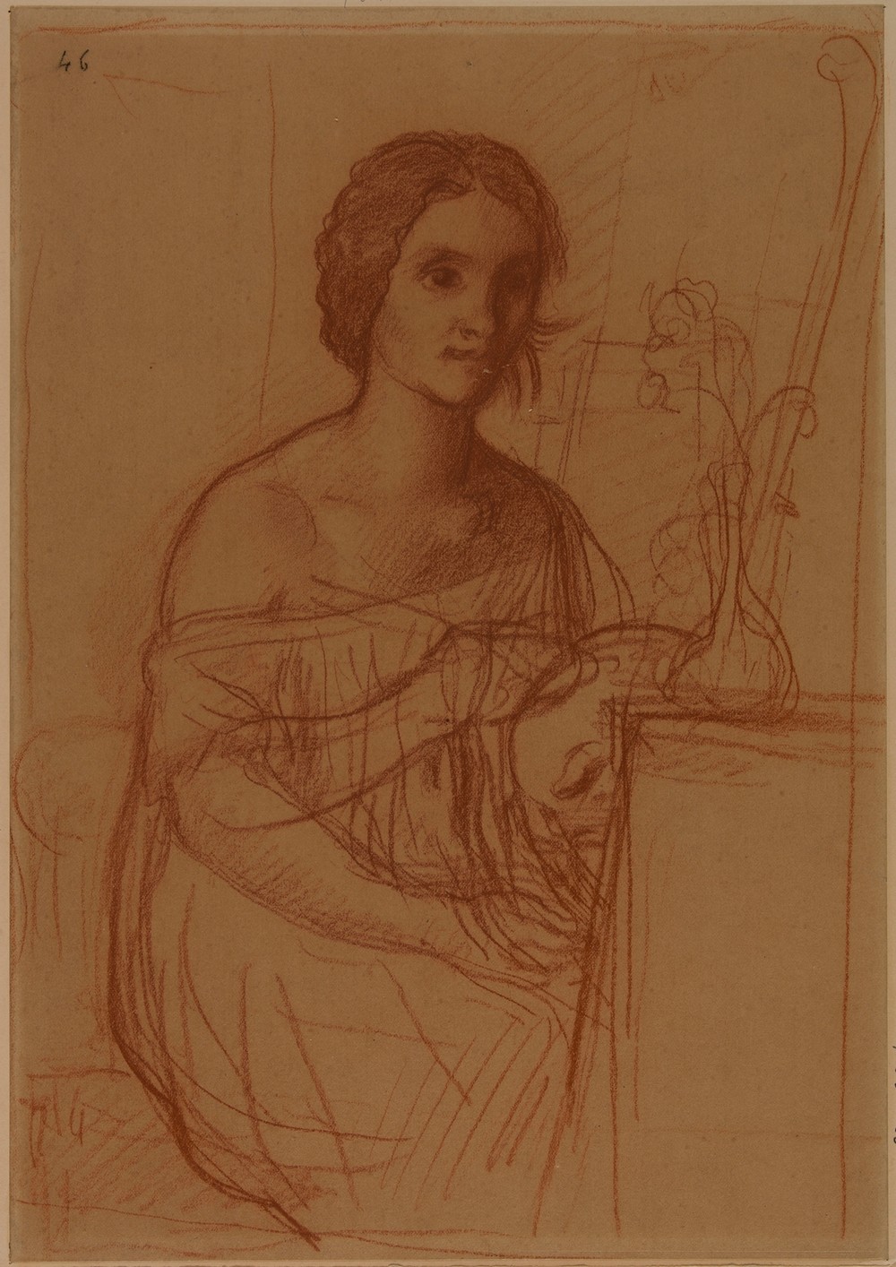 Une femme assise, peignant un vase