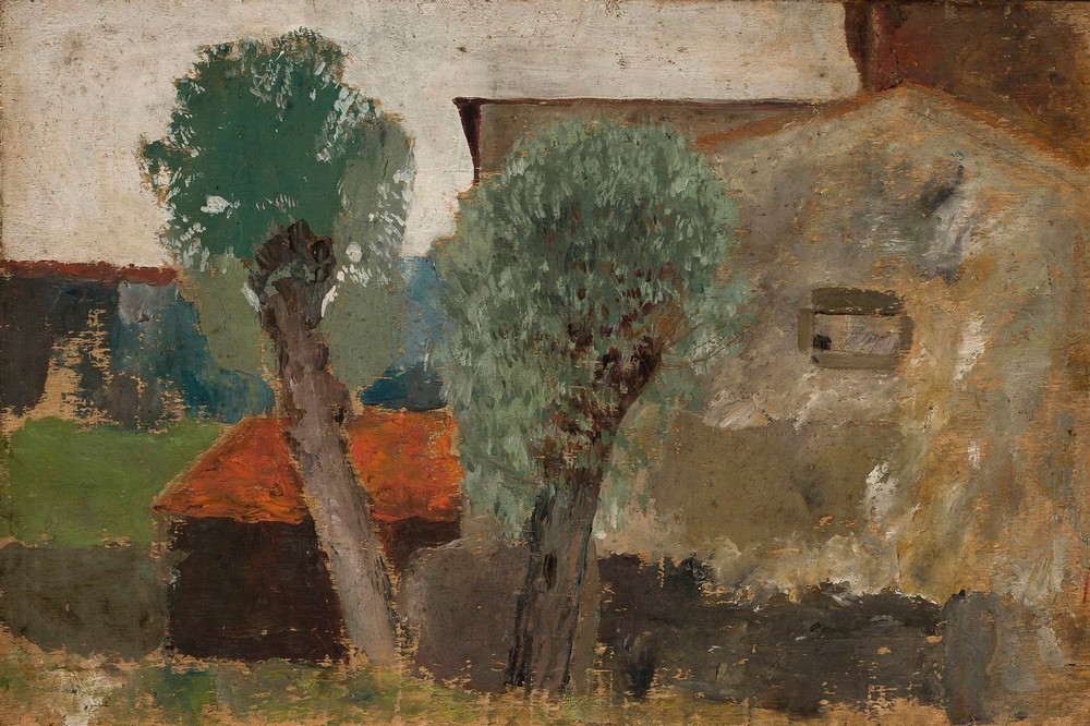 Fragment of a house with two trees