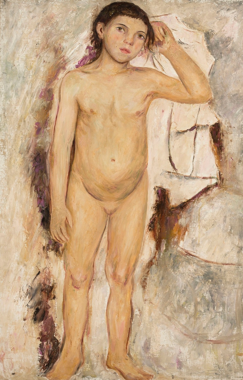 Nude little girl with a raised hand
