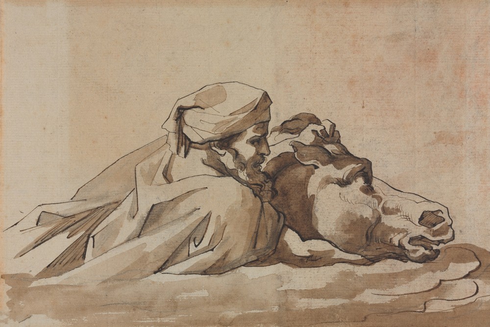 Man Clutching a Horse in Water, after Poussin’s “Deluge” (recto) (c. 1816)