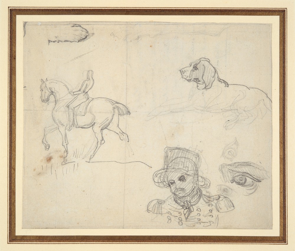 Page of Sketches (equestrian, dog, soldier’s head)