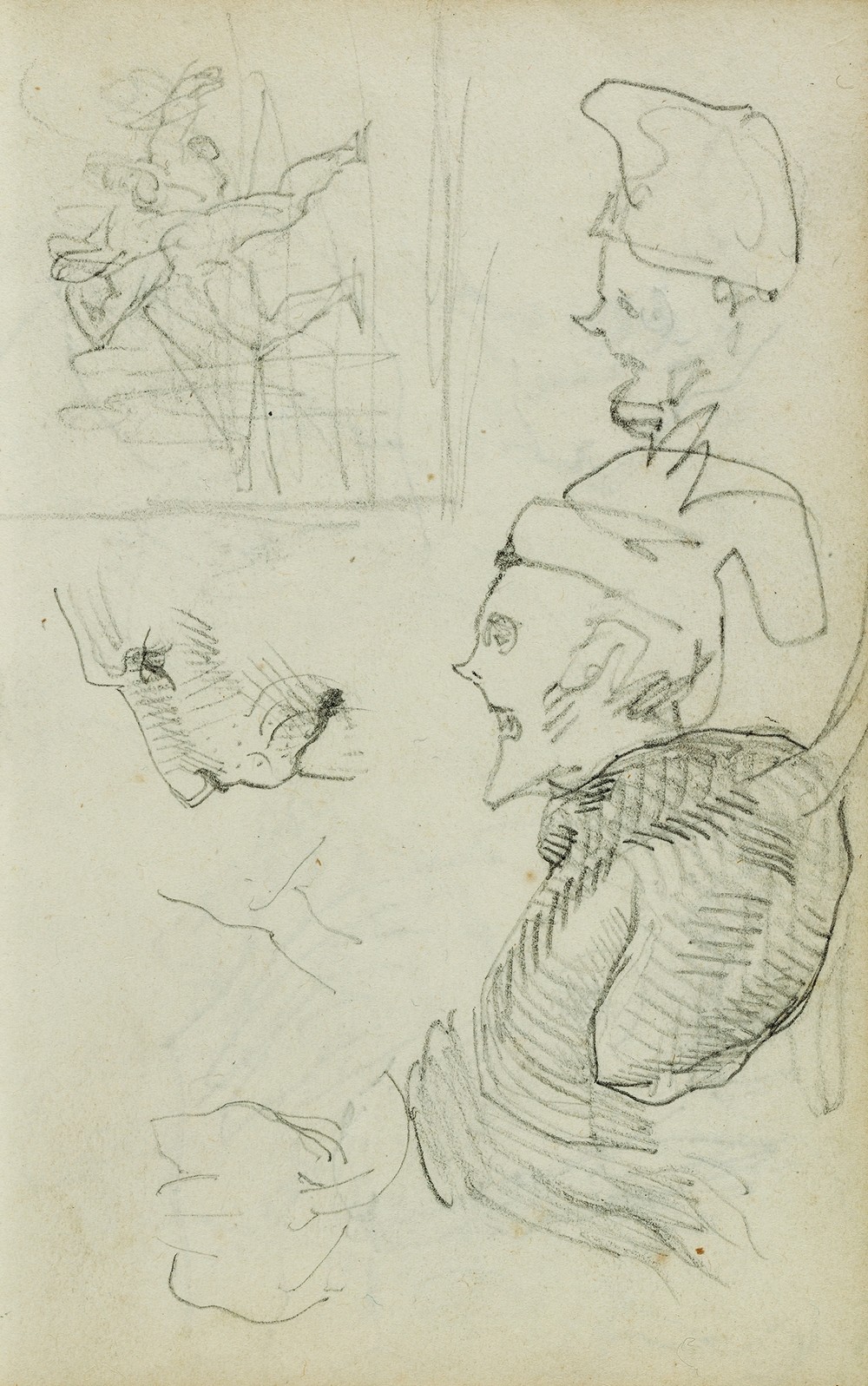 Studies of lion, compositional group figure study, two caricature head studies