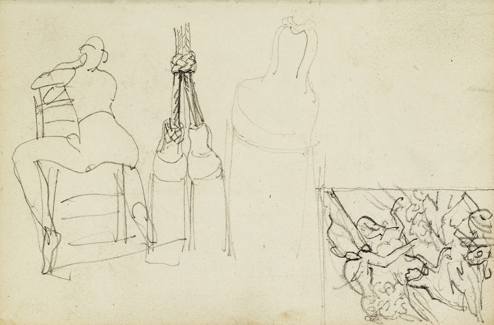 Tassels, seated figure from behind chair, thumbnail study of Charging Chasseur