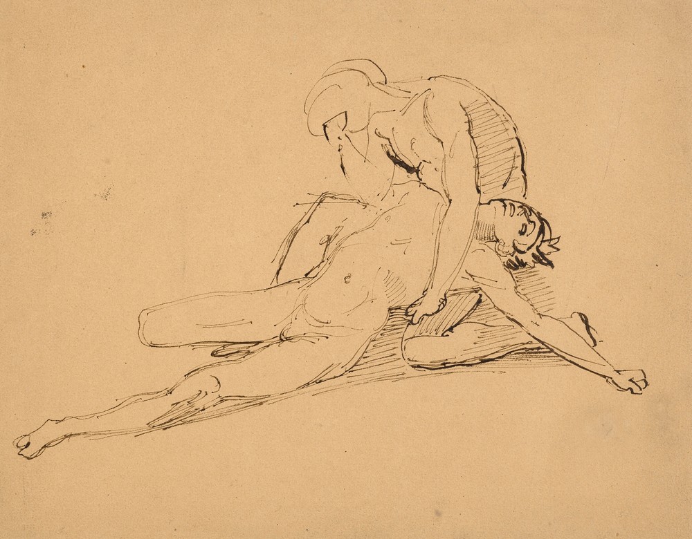 A nude man mourning the death of another